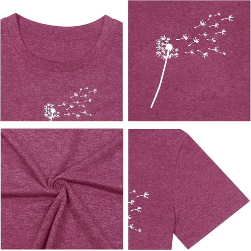 Vista 5 de Camiseta de verano para mujer, talla grande, con diente de león, manga corta, cuello redondo, holgada, casual