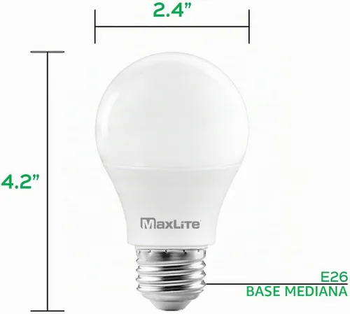 Vista 4 de MaxLite Bombilla LED A19, nominal de accesorio cerrado, equivalente a 60 W, 800 lúmenes, regulable, base media E26, 2700 K blanco suave, paquete