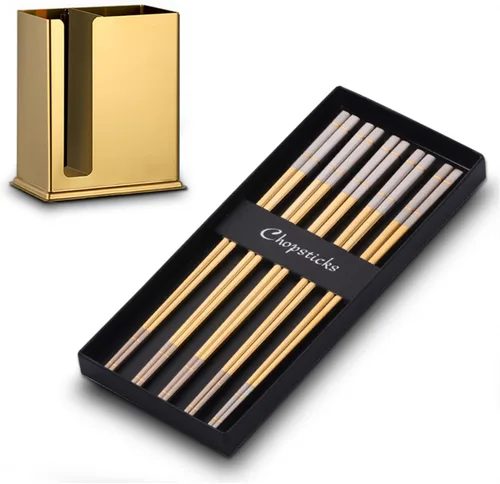 Vista 10 de DOCBLACK Palillos de acero inoxidable con soporte para palillos, estante de secado de utensilios, 5 pares de palillos reutilizables aptos