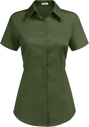 Vista 12 de HOTOUCH - Camisas básicas con botones para mujer de manga corta elásticas con cuello de botón para mesera y trabajo