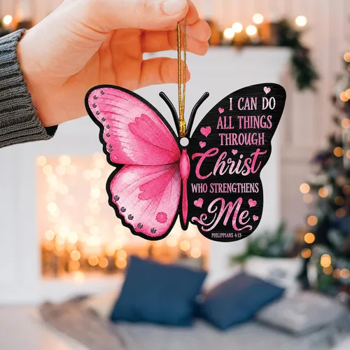 Vista 5 de Talataca Mariposa rosa con texto en inglés "I Can Do All Things Through Christ Strengthens Me" 2D Flat Car Rear View Mirror Accessories Christmas