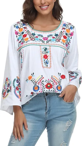 Vista 3 de YZXDORWJ Blusa de verano con bordado bohemio mexicano bohemio para mujer