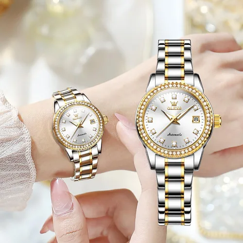 Vista 2 de OLEVS Relojes automáticos para mujer, de acero inoxidable, mecánico, con diamante, luminoso, impermeable, reloj de pulsera para mujer
