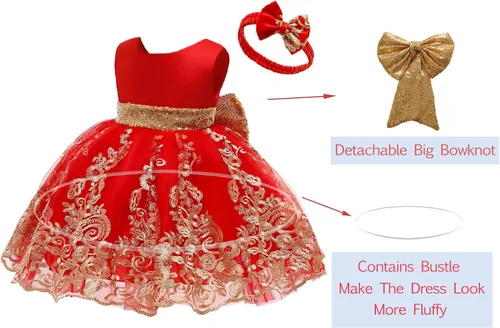 Vista 3 de 0-6T - Vestido de tutú de encaje bordado con lentejuelas y lazo grande para fiestas de bebé y niñas pequeñas con tocado