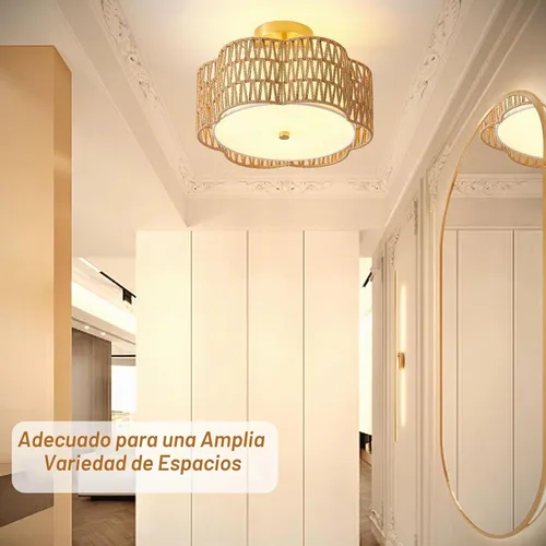 Vista 6 de Lámparas bohemias de 13.6 pulgadas de montaje empotrado, 3 luces de ratán para techo, montaje empotrado dorado para dormitorio, en forma de flor