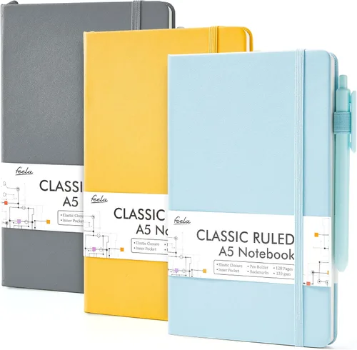 Vista 20 de feela Paquete de 3 Cuadernos Diarios a Granel, Cuaderno de Tapa Dura Clásico con Rayas Rayado Diarios con Soporte para Bolígrafo para Mujeres Niñas