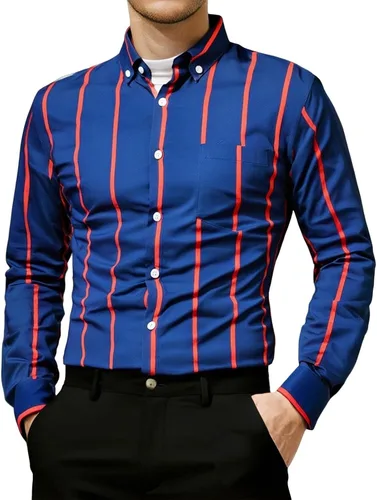 Vista 8 de Camisa a rayas para hombre, manga larga con estampado retro de discoteca de los años 70, ajuste regular, parte superior con bolsillo