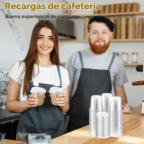 Vista 6 de Baderke 100 vasos de plástico con tapas para sorber, fondo redondo, vasos de café de plástico desechables con tapas, tazas de cristal transparentes