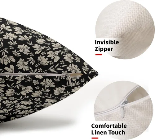 Vista 2 de Juego de 2 fundas de almohada lumbares con estampado de bloques florales de margaritas negras y marrones de 12 x 20 pulgadas, fundas de almohada