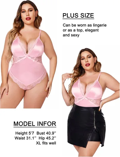 Vista 3 de Avidlove Lencería de talla grande para mujer, sexy, con broche en la entrepierna, body de satén en V profundo, ropa de club L4XL