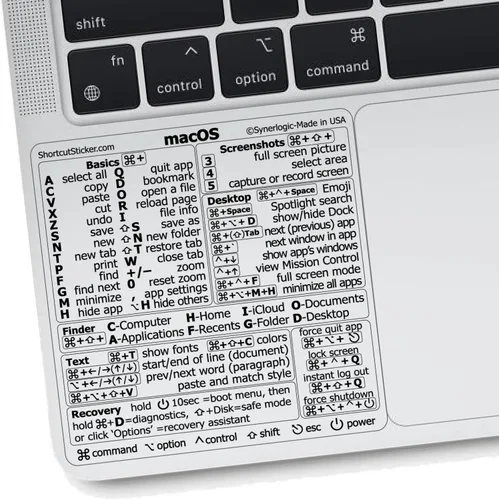 Vista 8 de Synerlogic Pegatina de accesos directos de Mac OS Calcomanías de teclado para macOS Hoja de trucos de vinilo laminado para MacBook para Negro