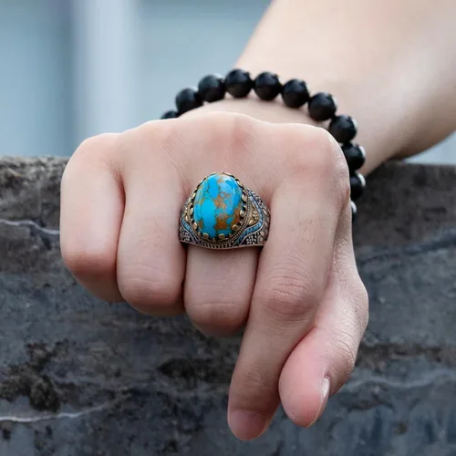 Vista 9 de Retro Natural Turquoise Ring for Men, 925 Sterling Silver Oval Sky Blue Stone Statement Ring,Turkish Vintage Engraving Design Handmade