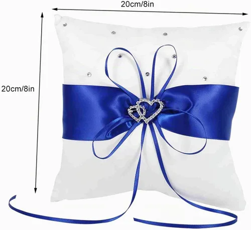 Vista 2 de Tyenaza Almohada portadora de anillo, almohada de anillo de boda de 7.8 pulgadas, soporte para anillo azul real, cojín de doble corazón