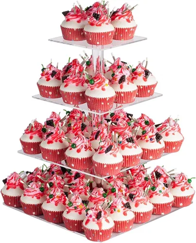Vista 7 de YestBuy Soporte redondo de acrílico para cupcakes de 4 niveles con base, soporte premium para cupcakes, torre de exhibición de cupcakes de acrílico