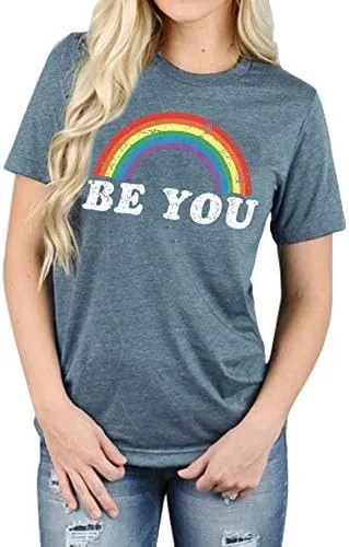 Vista 4 de Camisa de arco iris para mujer, camiseta de orgullo con estampado de arco iris, camisetas casuales de manga corta, Arco iris