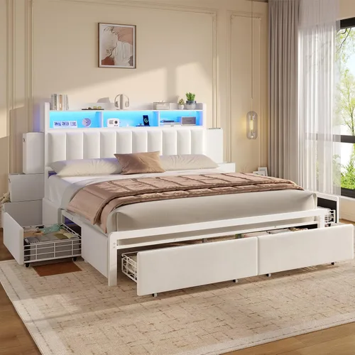 Vista 10 de ADORNEVE Base de cama tamaño King con 10 cajones de almacenamiento y cabecera tipo estantería RGB, cama King tapizada en PU con estación de carga