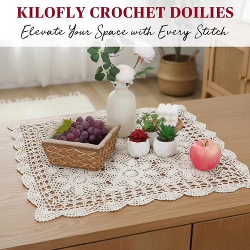 Vista 4 de kilofly Manteles individuales hechos a mano con encaje de algodón y ganchillo, para sofá, cuadrados, beige, 23 pulgadas