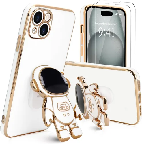 Vista 33 de Pepmune - Funda para iPhone 15 con soporte de astronauta 3D, color negro [2 Screen Protector], Luxury Electroplated Soft TPU Cover with Kickstand