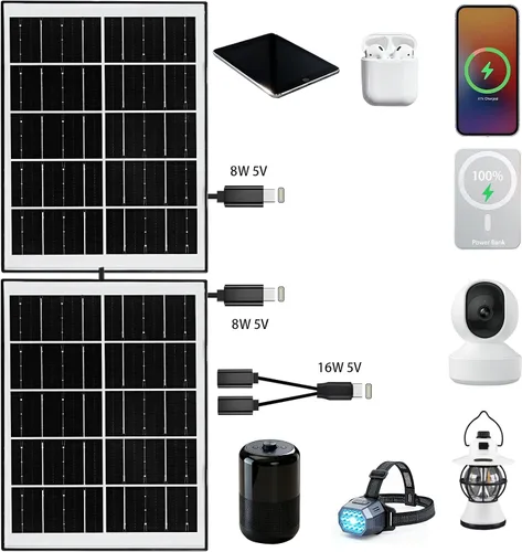 Vista 2 de Panel solar para cámara de seguridad IP65 impermeable USB cargador de panel solar puerto tipo C, puerto micro USB y puerto de CC, saneles solares