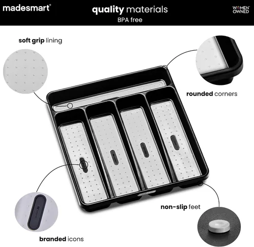 Vista 4 de madesmart Bandeja de cubiertos, organizador de cubiertos de 5 compartimentos para tenedores, cuchillos y cucharas, antideslizante, forro de agarre