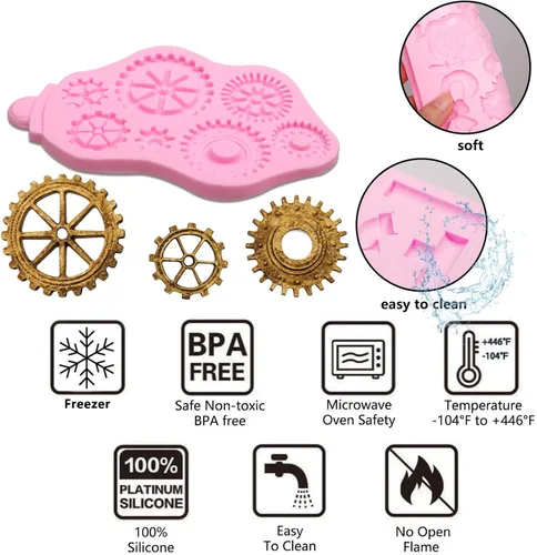 Vista 3 de Steampunk Gear - Moldes de silicona, 3 paquetes de tubería de agua remachada placa de metal molde de chocolate para decoración de pasteles