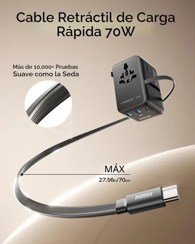 Vista 2 de MOMAX Adaptador de viaje universal de 70 W, adaptador de corriente internacional 6 en 1 con cable retráctil USB-C, adaptador de enchufe de CA dual