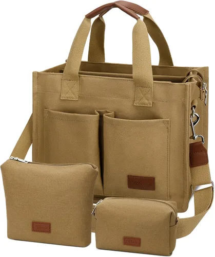 Vista 17 de Bolso grande de lona con compartimentos y cremallera para mujer de KKXIU, bolso cruzado, de trabajo, bíblico, de mensajero con bolsillos