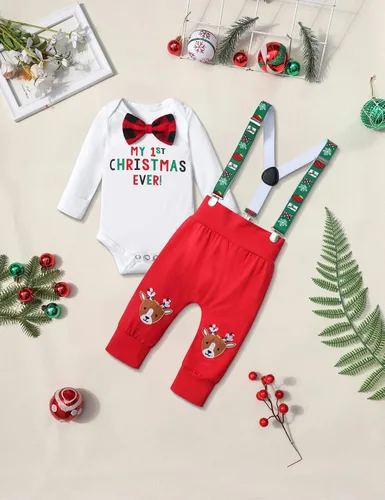 Vista 4 de KANGKANG My First Christmas Baby Boy - Conjunto de 2 piezas para bebé de Navidad pantalones de reno