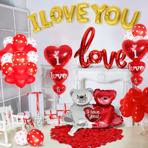 Vista 4 de Globos de San Valentín para Decoración del Día de San Valentín Globos con "I Love You" y Globos de Corazón Kit con 1000 Piezas de Pétalos de Rosa