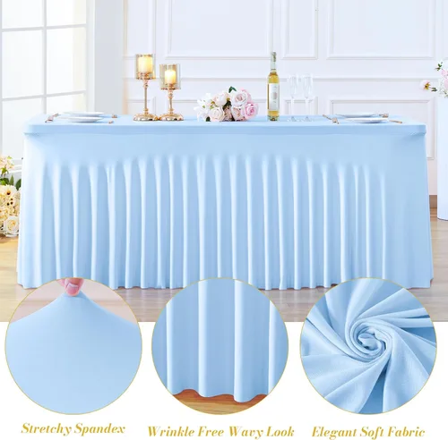 Vista 5 de Paquete de 2 manteles color azul bebé para mesas rectangulares de 6 pies, mantel ajustable de elastano, fundas de mesa elásticas de 6 pies, manteles