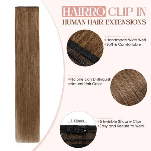 Vista 4 de Hairro Extensiones de cabello humano 100% con clip, extensiones de cabello real lacio, extensiones de trama a máquina para añadir longitud