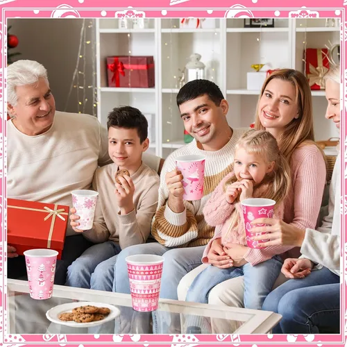 Vista 4 de Ziliny 100 juegos de tazas de papel de Navidad con manga y tapa con pajita, tazas de chocolate caliente y cacao para fiestas de Navidad, suministros
