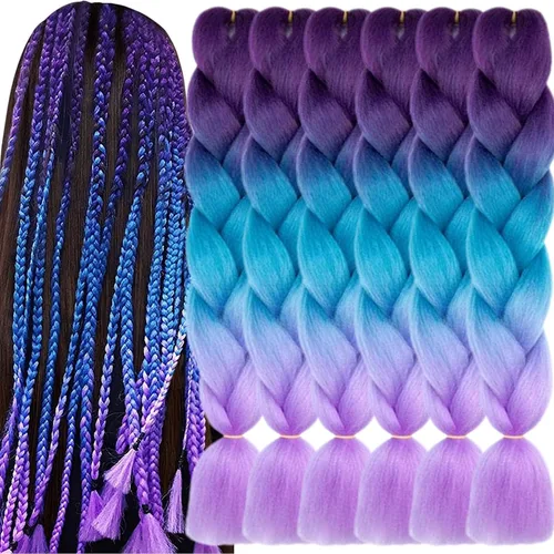 Vista 27 de 3 paquetes de extensiones de cabello sintético para trenzar de color negro a azul, tamaño jumbo ombré, de 24 pulgadas o trenzas de ganchillo