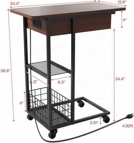 Vista 3 de Mesa auxiliar en forma de C con estación de carga, mesa auxiliar con tapa
