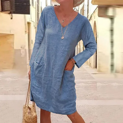 Vista 2 de LISTHA Henley - Vestido largo con cuello en V para mujer de manga larga de algodón y lino