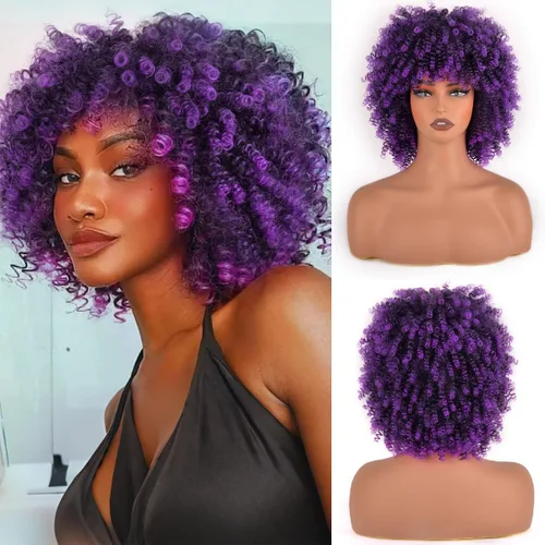Vista 41 de Vitorish Peluca corta afro rizada con flequillo para mujeres negras, peluca sintética resistente al calor, color negro natural, para uso diario