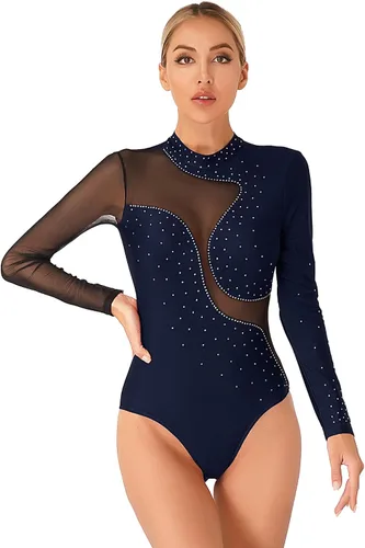 Vista 46 de iiniim Leotardo de malla para mujer, con diamantes de imitación, de malla, de manga larga, leotardos de gimnasia