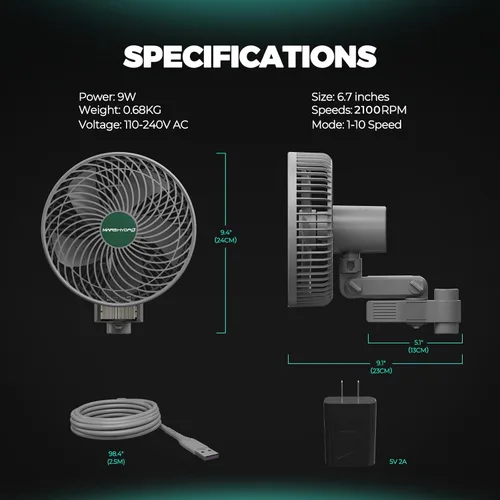 Vista 7 de MARS HYDRO 6'' Oscillating Clip-On Grow Tent Fan, 10 Wind Speeds, EC Motor