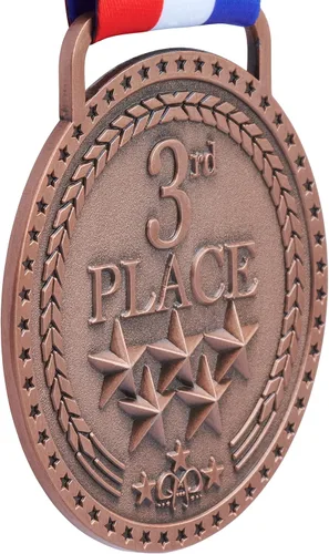 Vista 4 de Medallas de bronce dorado y plateado para premios de trofeo del 1er 2º y 3er lugar, acabado brillante o antiguo con cinta de satén roja, blanca