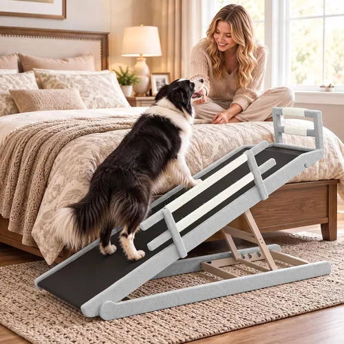 Vista 16 de Rampa para perros para cama, rampa de madera ajustable para mascotas de 46 Beige