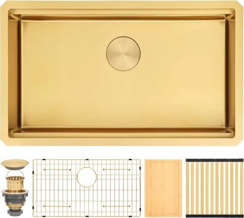 Vista 11 de Fregadero de barra dorada de 13 x 15 pulgadas, fregaderos de cocina dorados de acero inoxidable SUS304 de calibre 16 con accesorios, fregadero