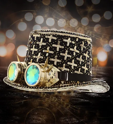 Vista 6 de Attitude Studio Sombrero Paillette Steampunk dorado y plateado con gafas, paquete de 2