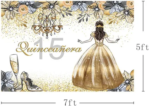 Vista 4 de MEHOFOTO - Fondo de cabina de estudio fotográfico de quinceañera de quinceañera con purpurina dorada y plateada floral dulce 15 membrillo niña años