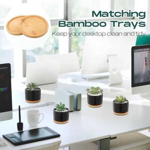 Vista 7 de Cindeer 12 juegos de macetas de cerámica para suculentas, macetas de cactus con bandeja de bambú, maceta cilíndrica pequeña con platillos de bambú