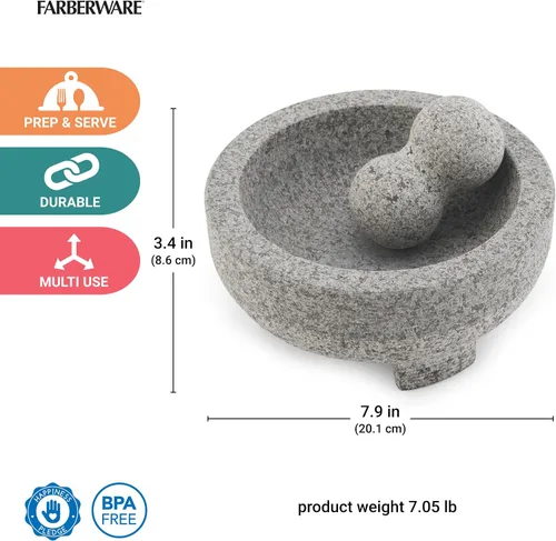 Vista 6 de Farberware Molcajete profesional de granito molcajete y molinillo de piedra de mortero, 4 tazas