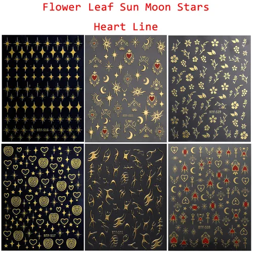 Vista 7 de Calcomanías de arte de uñas doradas, diseño de sol, luna, estrellas, línea de corazón, flores, calcomanías autoadhesivas para uñas, calcomanías