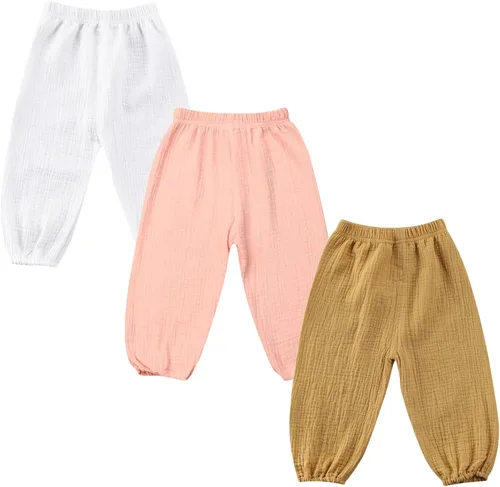 Vista 19 de Paquete de 3 pantalones de algodón y lino para bebés, niños y niñas, color liso, ropa básica para bebés