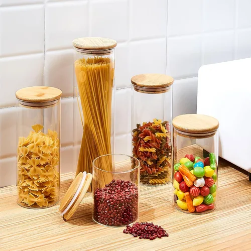 Vista 6 de SHOWIN Tarros de almacenamiento de pasta de vidrio de 73 onzas, tarros altos de vidrio con tapas de bambú, contenedor de espagueti, juego de 3
