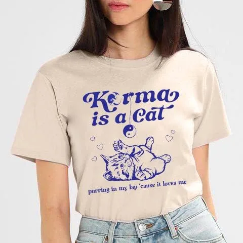 Vista 5 de SFHFY Karma is Cat Camisas para mujer, camisa para amantes de los gatos, letras vintage, concierto, verano, fanáticos de la música country, camiseta