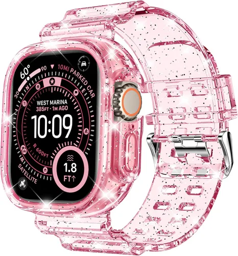 Vista 60 de DABAOZA - Correa transparente compatible con Apple Watch de 1.772 in y 1.732 in, con purpurina transparente Women Men,Glitter Bling TPU